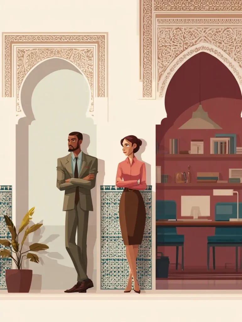 Homme et femme marocains en tenue entretien d’embauche professionnelle devant une architecture traditionnelle.