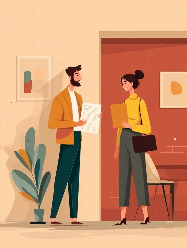Deux candidats discutant avec une lettre de motivation maroc et un dossier, illustration moderne et professionnelle – exemple Maroc