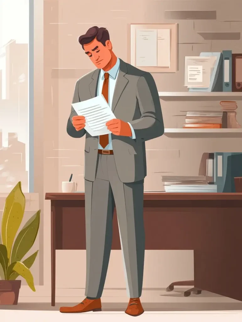 Responsable administratif marocain lisant une lettre de motivation fonction publique dans un bureau officiel.