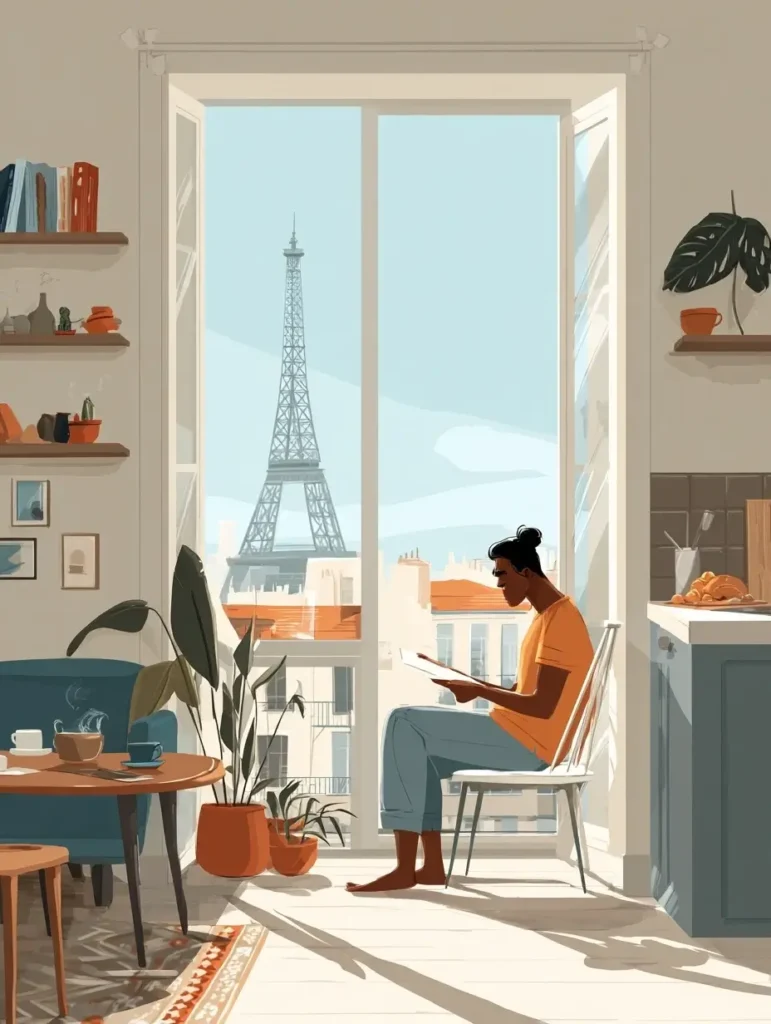 Jeune Marocain de la diaspora rédigeant une lettre de motivation diaspora maroc depuis l’étranger avec la Tour Eiffel en arrière-plan.
