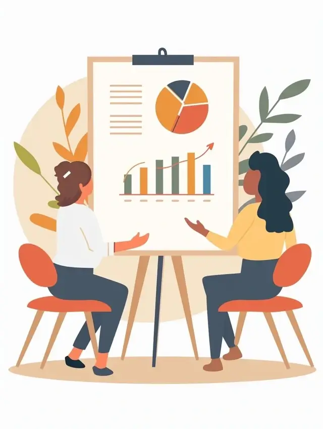 Deux femmes discutant devant un tableau présentant un graphique et un diagramme circulaire.
