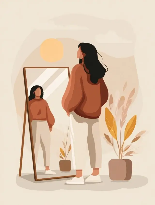 Femme regardant son reflet dans un miroir, illustration minimaliste sur le thème de la confiance en soi et de l’estime personnelle.
