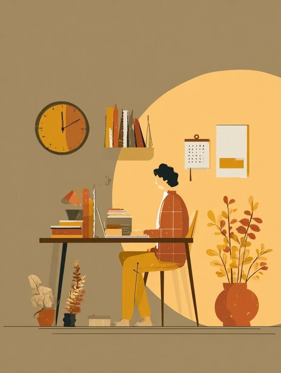 Illustration d’une personne travaillant à un bureau avec un ordinateur, entourée de plantes et d’une horloge murale, symbolisant un jeune qui sait gèrer son temps.