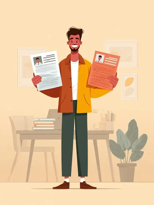 Un jeune candidat souriant tenant deux modèles de CV dans un bureau moderne, illustration sur le thème « cv stage Maroc ».