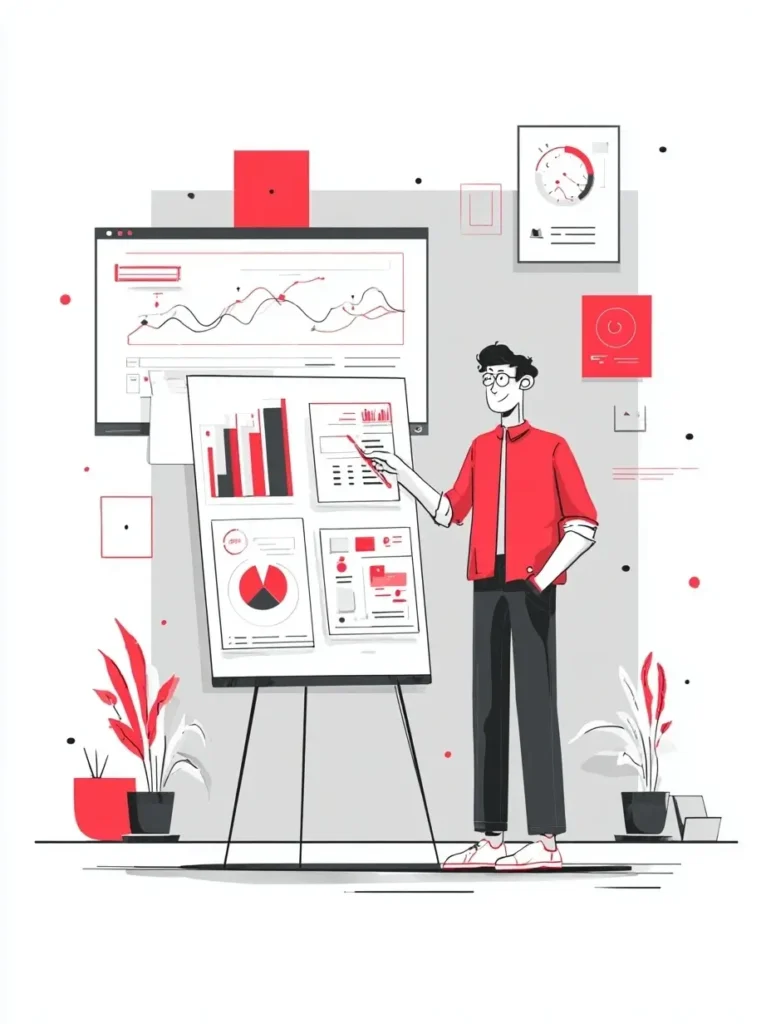 Jeune entrepreneur marocain présentant son pitch deck investisseurs maroc devant un tableau de graphiques et indicateurs financiers, illustrant un business plan professionnel clair et convaincant.
