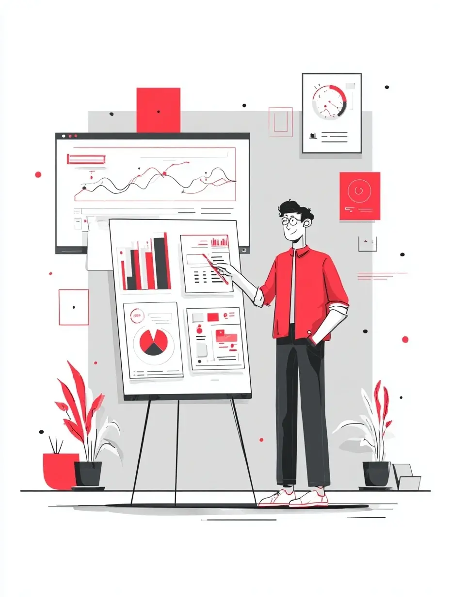 Jeune entrepreneur marocain présentant son pitch Deck investisseurs Maroc devant un tableau de graphiques et indicateurs financiers, illustrant un business plan professionnel clair et convaincant.