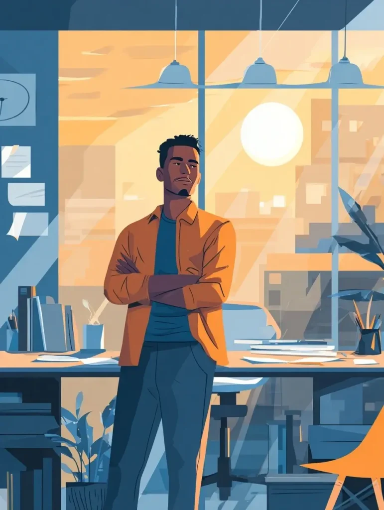 Homme confiant au travail dans un bureau moderne au Maroc, illustrant la confiance au travail Maroc
