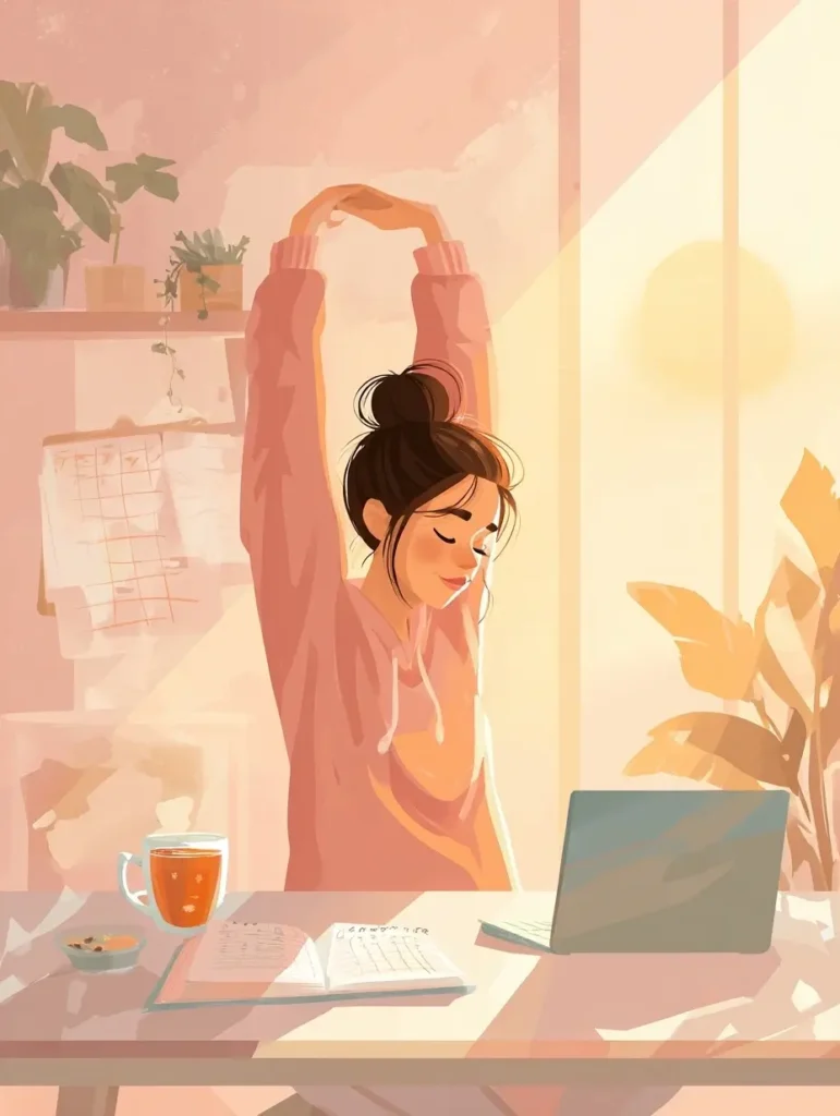 Femme marocaine travaillant depuis chez elle, prenant une pause d’étirement pour préserver son équilibre vie pro perso Maroc et maintenir son bien-être au travail.
