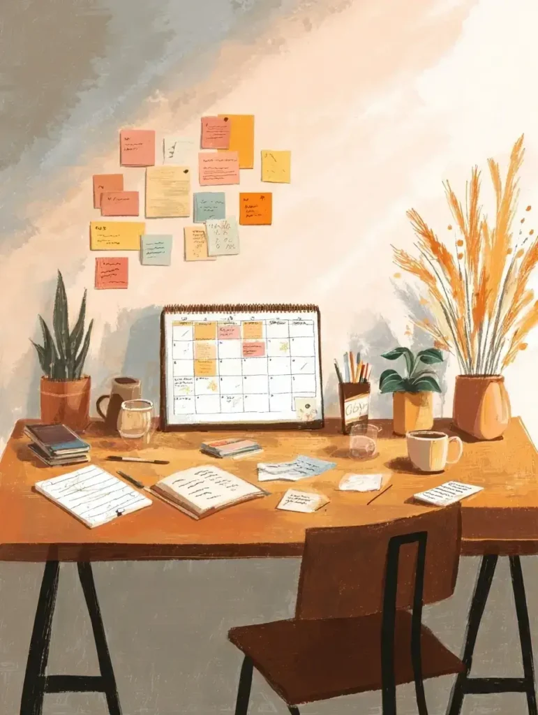 erreurs gestion du temps illustrées par un bureau marocain désordonné avec calendrier, carnets et post-it colorés