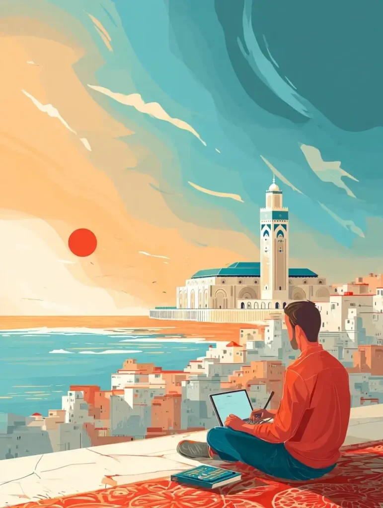 Jeune entrepreneur marocain travaillant sur son ordinateur face à la mosquée Hassan II, illustrant les idées de startup Maroc en 2025.