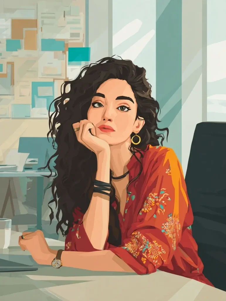 Femme marocaine au bureau illustrant la maîtrise de soi et la réflexion calme, symbole d’intelligence émotionnelle en entreprise.