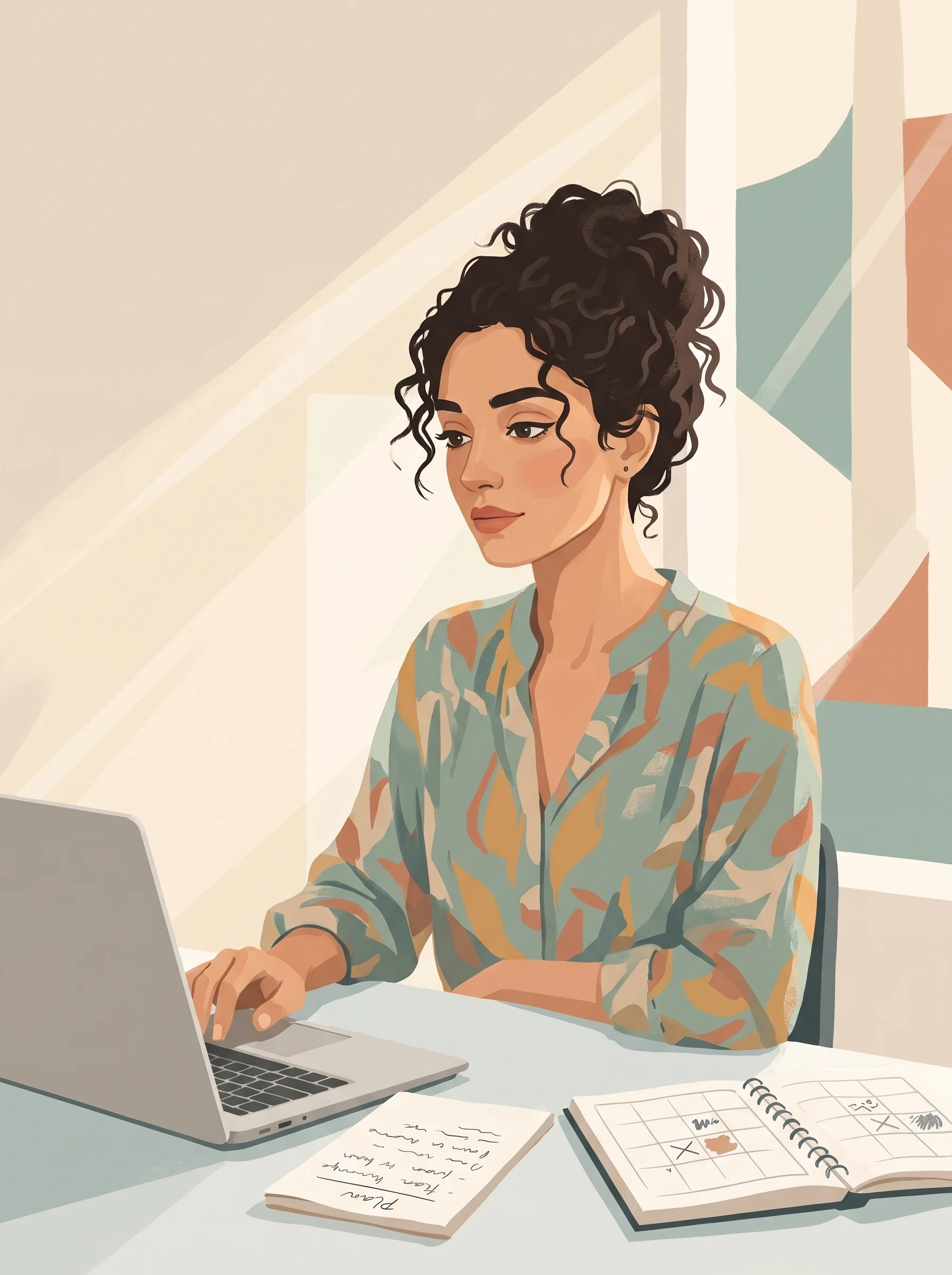 Jeune femme marocaine organisant sa recherche pour trouver un emploi au Maroc, plan écrit et calendrier posés à côté de son ordinateur portable.