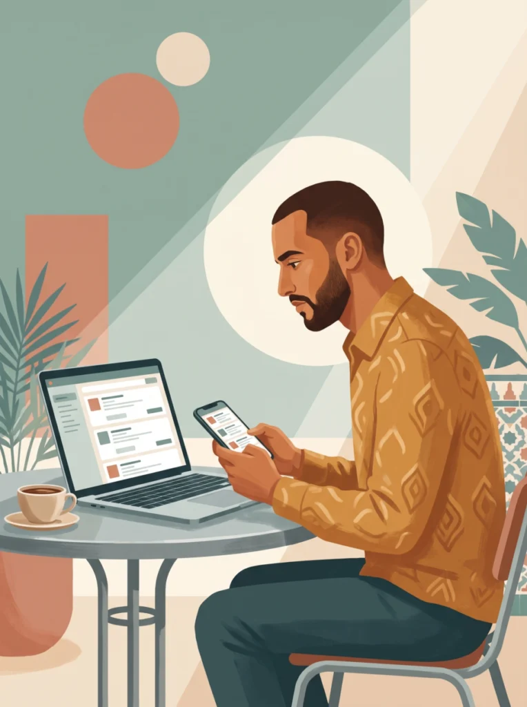 Candidat marocain comparant plusieurs sites emploi Maroc sur son ordinateur portable et son téléphone dans un café à Casablanca.