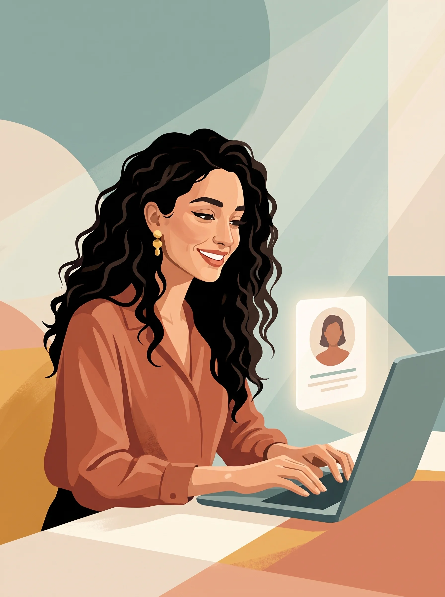 Professionnelle marocaine optimisant son profil LinkedIn Maroc sur un ordinateur portable, fiche de profil illustrée à côté de l’écran.