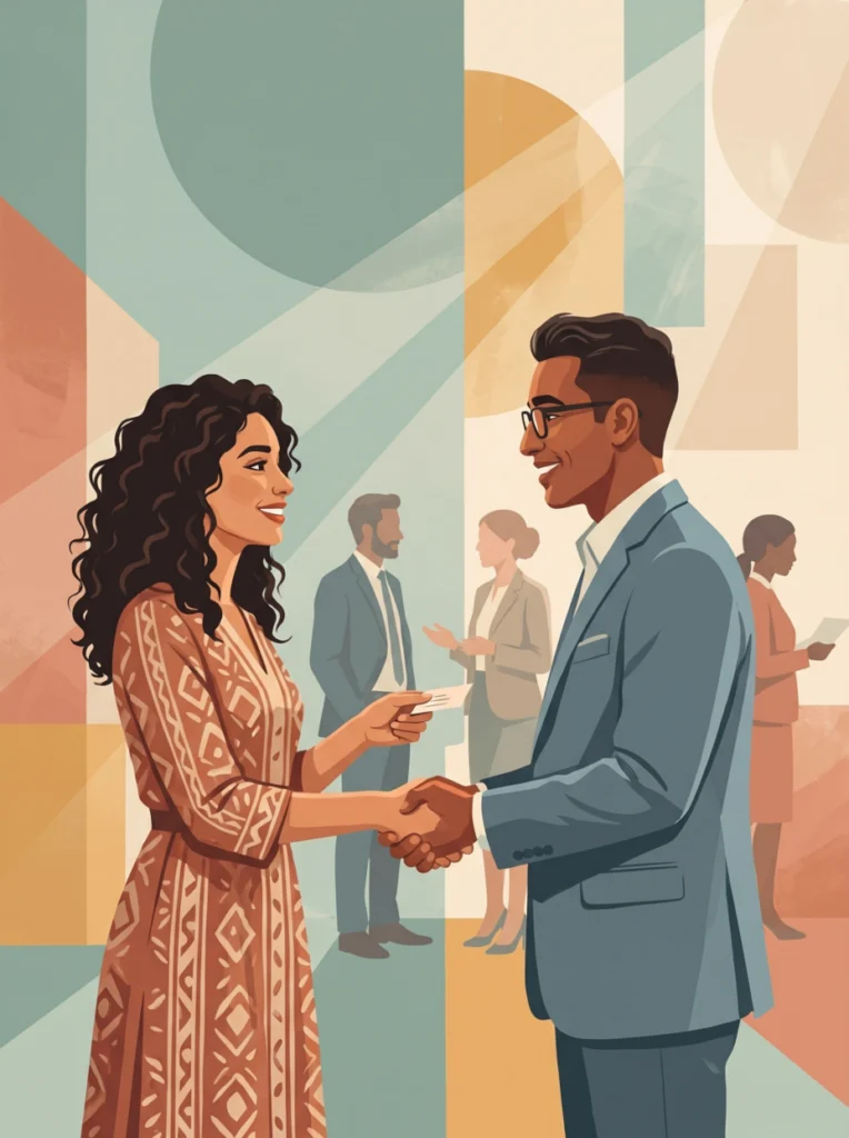 Deux professionnels marocains échangeant une carte de visite lors d’un événement de réseautage, illustrant la candidature spontanée et le réseau.