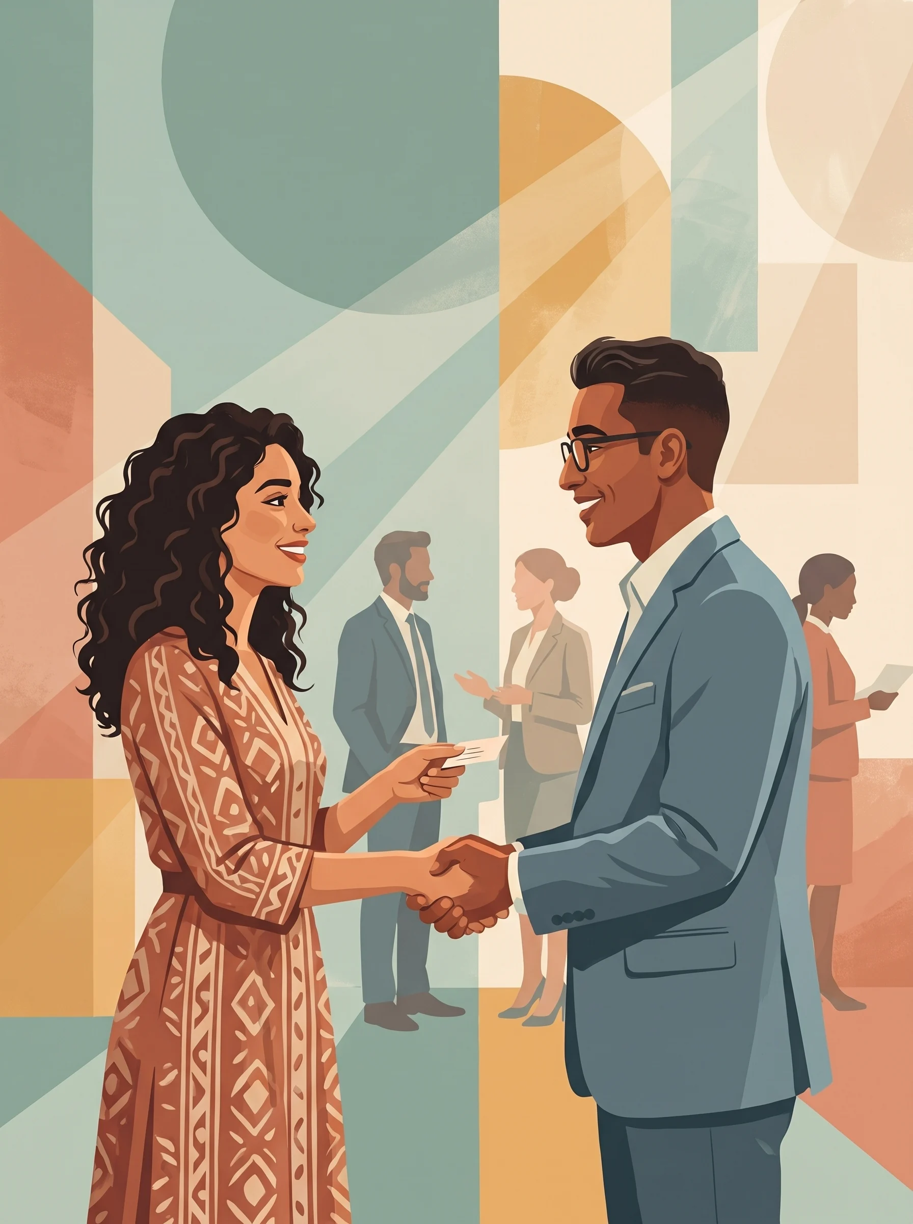 Deux professionnels marocains échangeant une carte de visite lors d’un événement de réseautage, illustrant la candidature spontanée et le réseau.