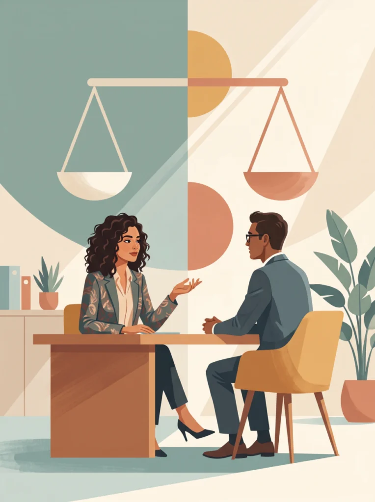 Candidate marocaine négociant son salaire à l’embauche face à un recruteur, motif de balance intégré en arrière-plan.