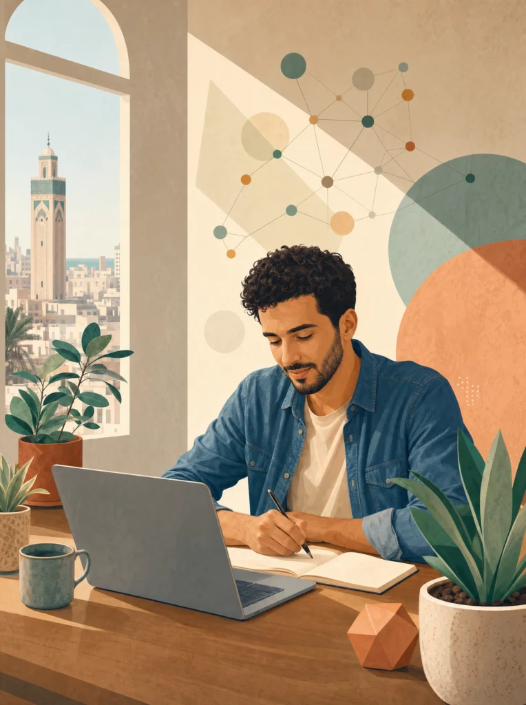 Jeune freelance marocain travaillant à son bureau à domicile, réseau abstrait de points connectés en arrière-plan.