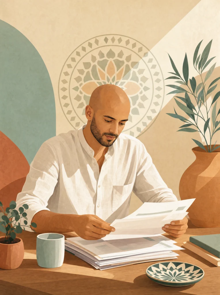 Auto-entrepreneur marocain vérifiant ses factures à son bureau, motif de cachet circulaire abstrait en arrière-plan.
