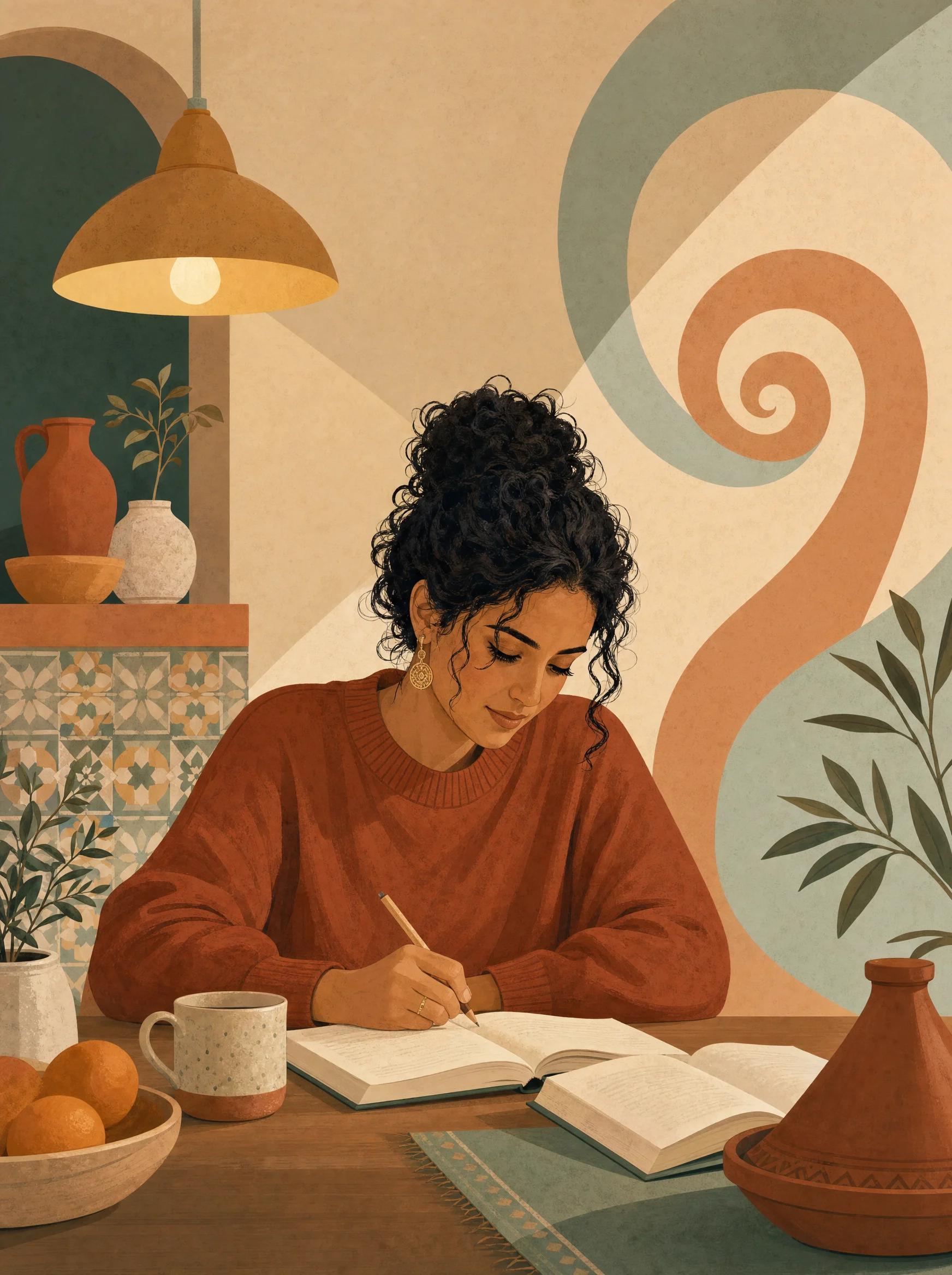 Femme marocaine étudiant le soir à sa table, spirale ascendante abstraite symbolisant la progression des apprentissages.