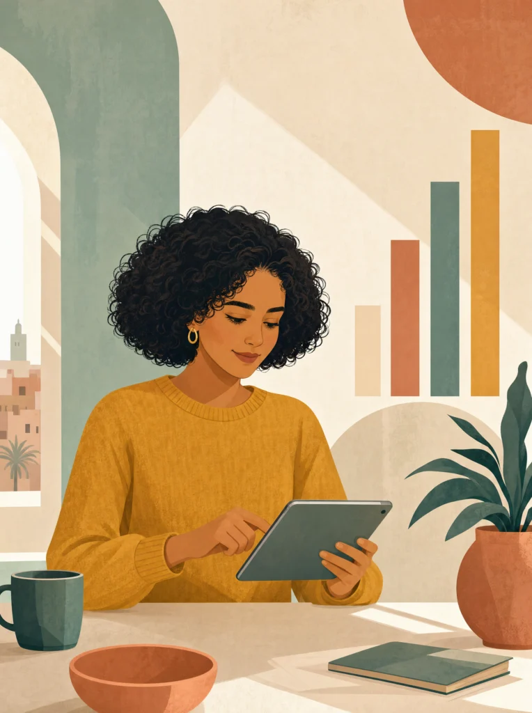 Jeune freelance marocaine calculant son tarif journalier sur une tablette, barres ascendantes abstraites en arrière-plan.