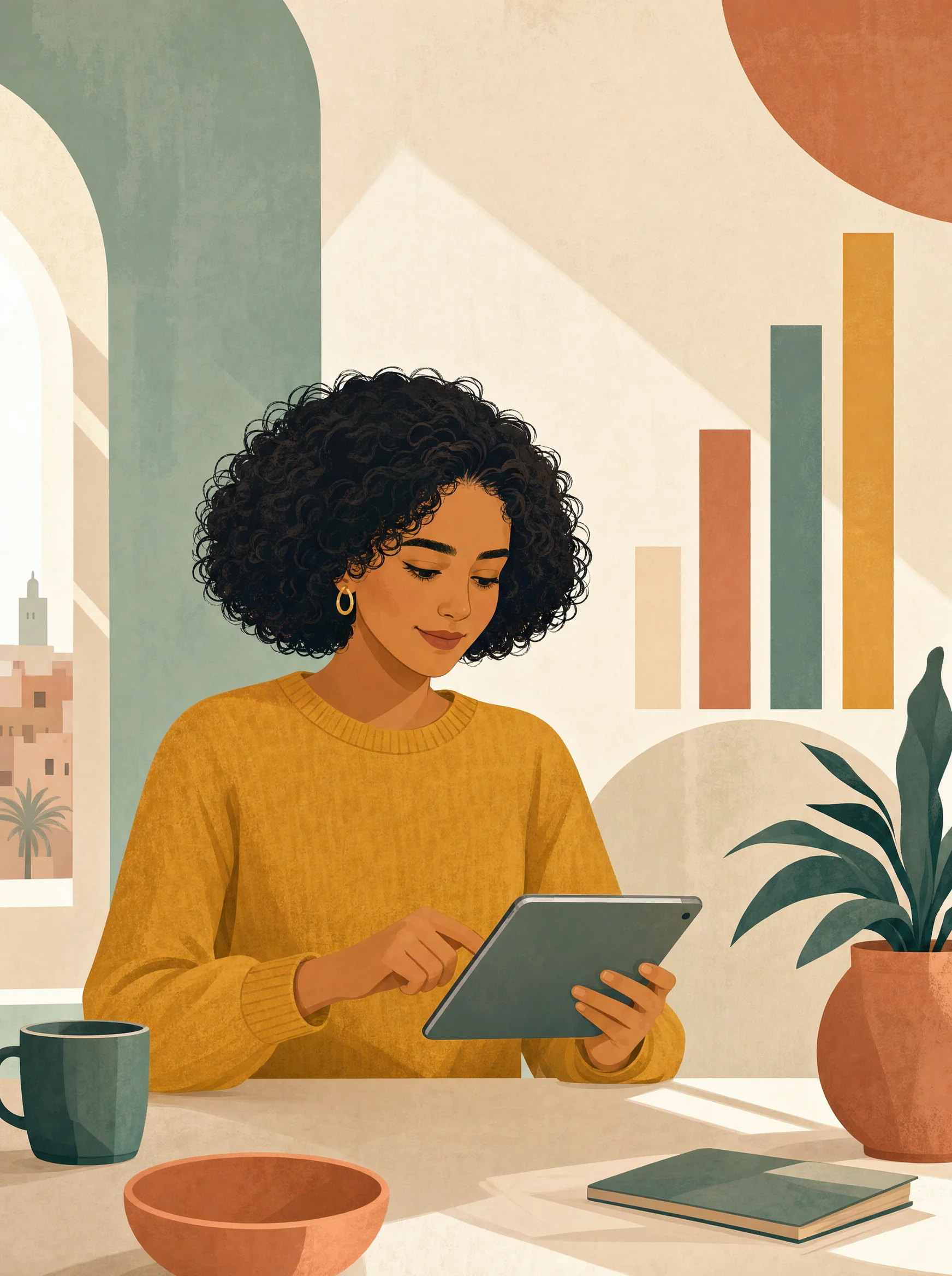 Jeune freelance marocaine calculant son tarif journalier sur une tablette, barres ascendantes abstraites en arrière-plan.