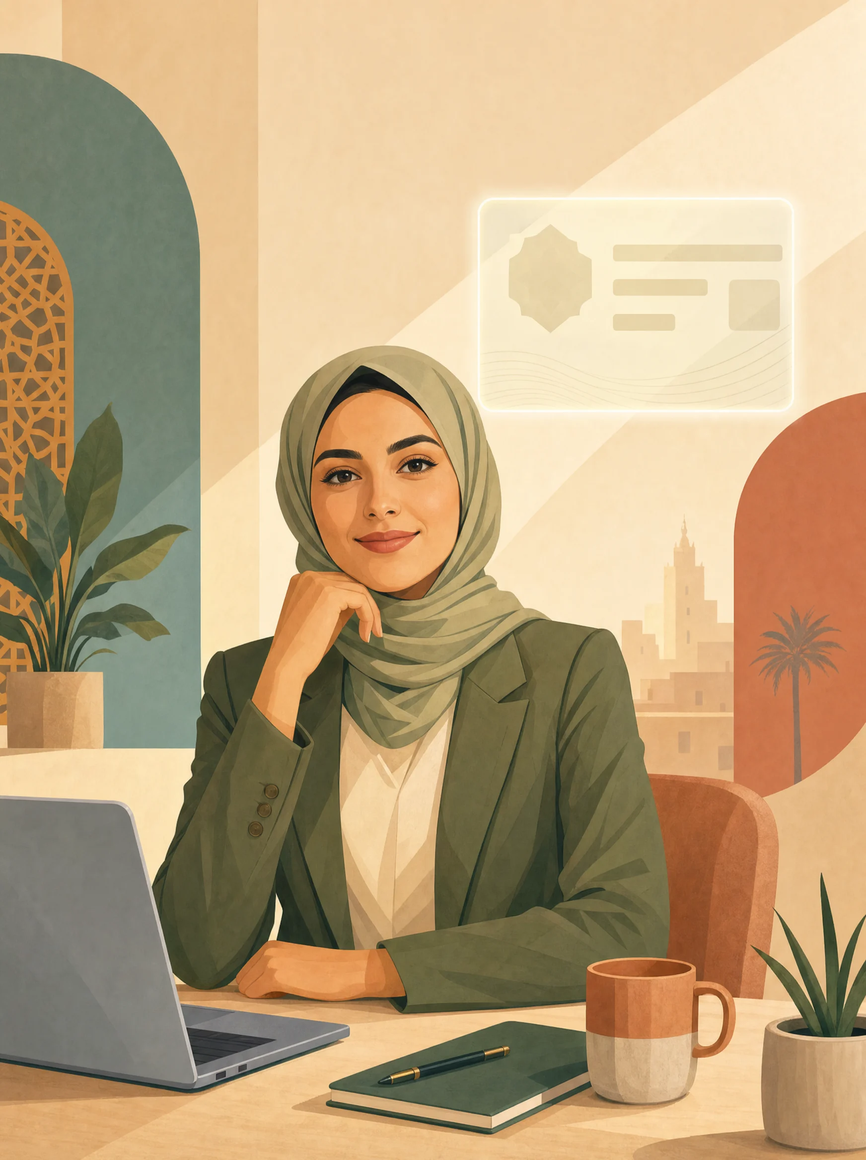 Femme marocaine en hijab consultant les conditions du statut auto-entrepreneur au Maroc dans un espace de coworking.