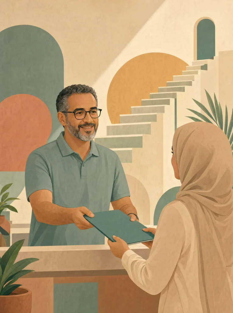 Homme marocain déposant son dossier d'inscription au statut auto-entrepreneur à un guichet administratif.