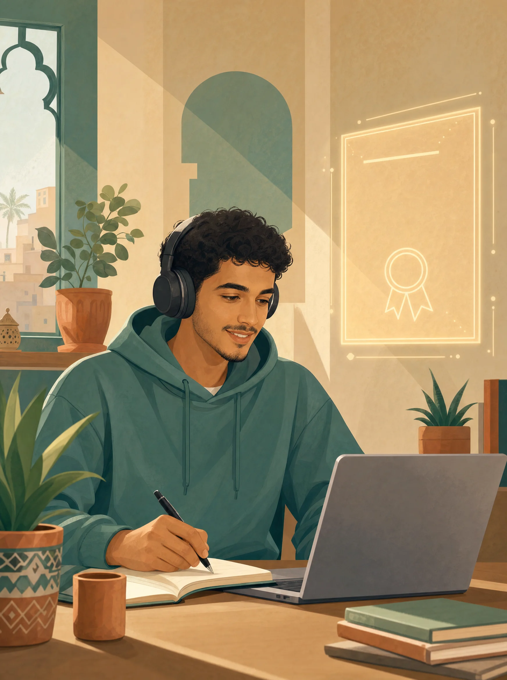Étudiant marocain suivant une formation en ligne gratuite avec certificat sur son ordinateur portable.