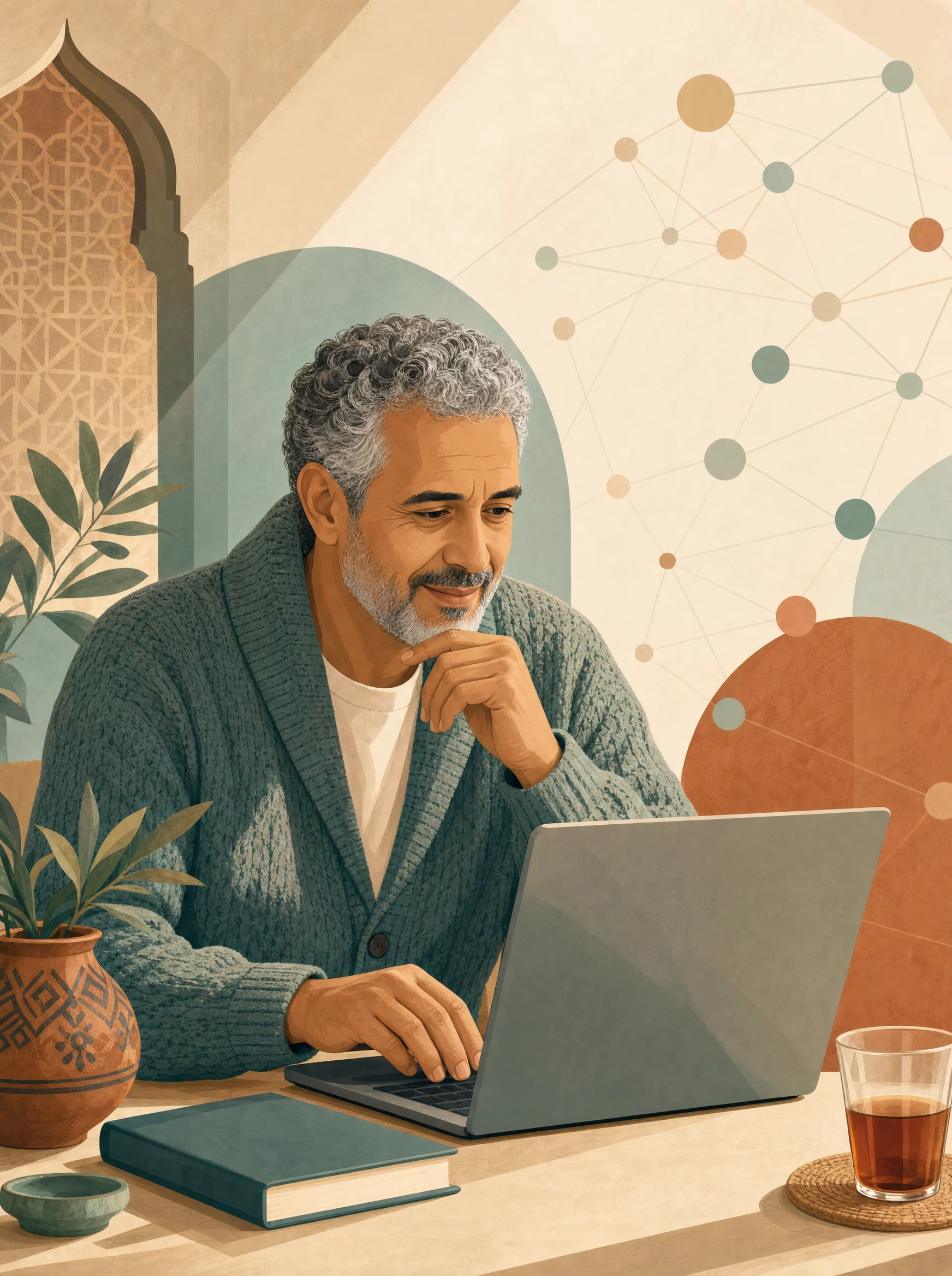Professionnel marocain senior se formant à l’intelligence artificielle sur son ordinateur portable.