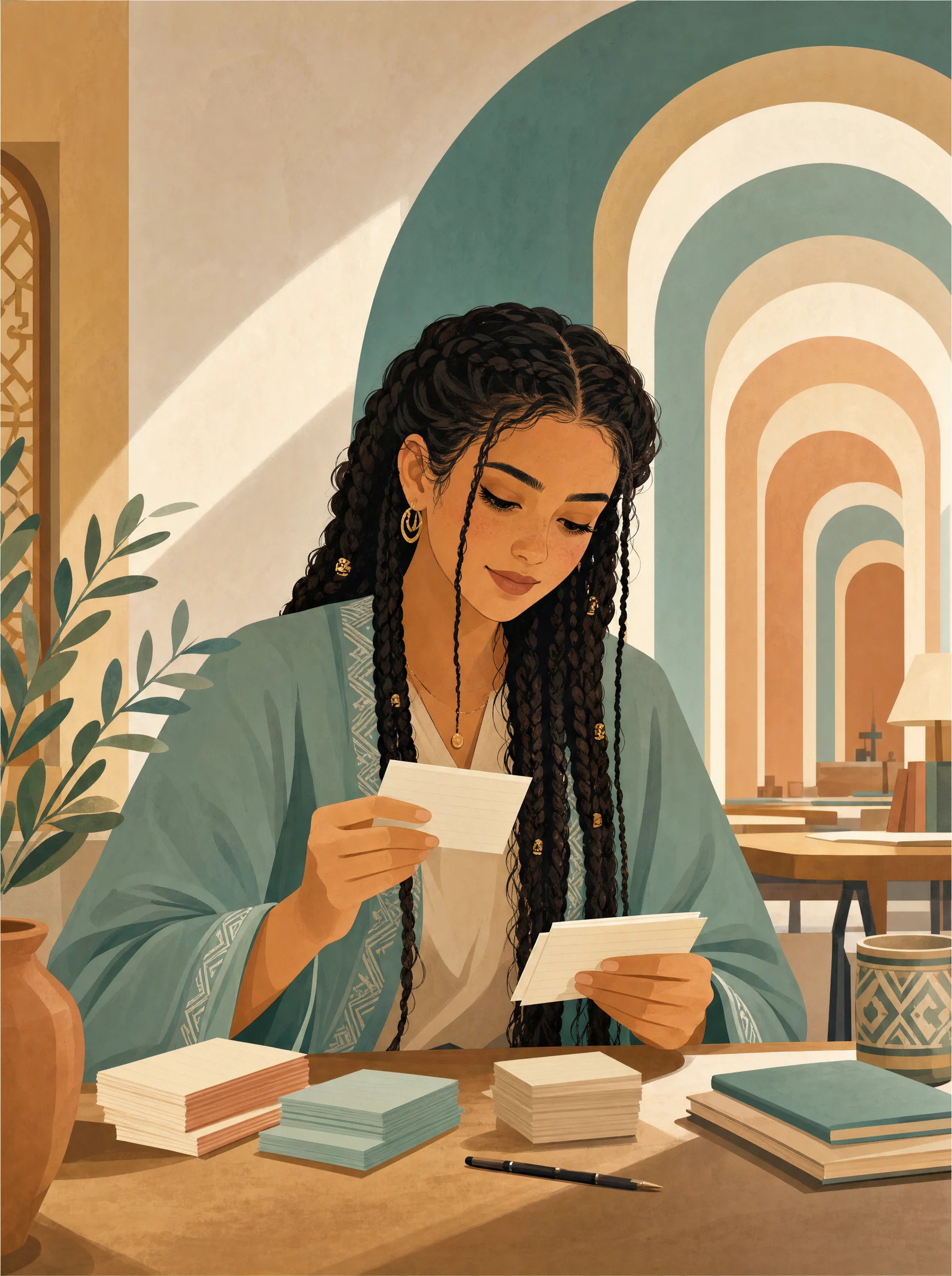 Étudiante marocaine révisant avec des fiches espacées en bibliothèque, arcs répétés abstraits en arrière-plan.
