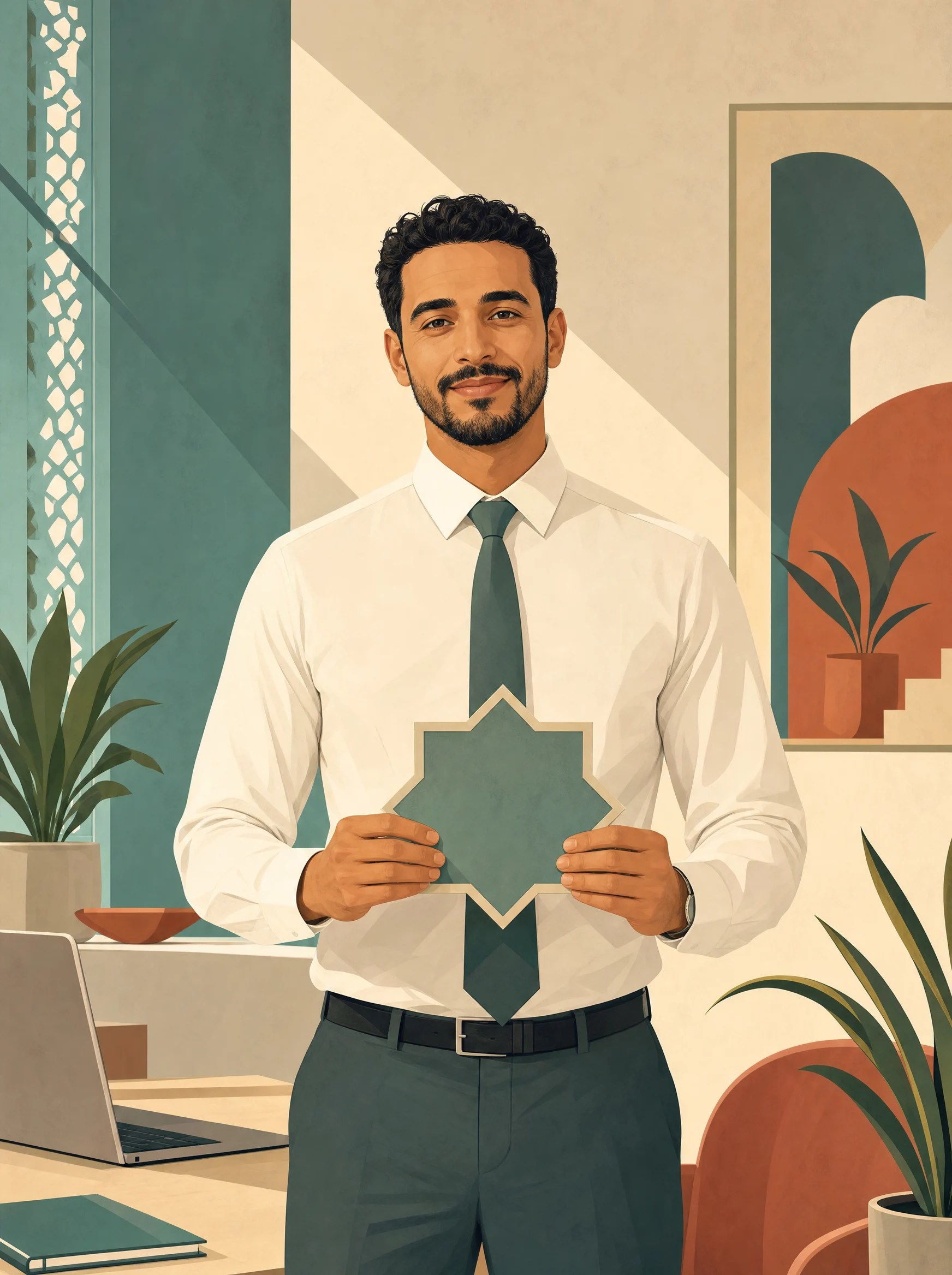 Professionnel marocain tenant un badge abstrait symbolisant une certification reconnue par les recruteurs.