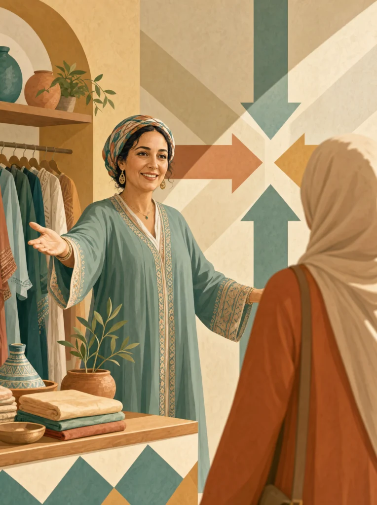 Commerçante marocaine accueillant une cliente dans sa boutique, flèches convergentes abstraites en arrière-plan.