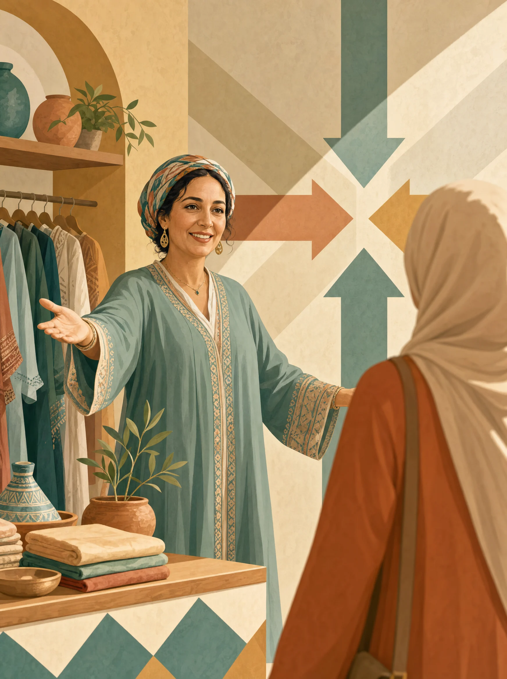 Commerçante marocaine accueillant une cliente dans sa boutique, flèches convergentes abstraites en arrière-plan.
