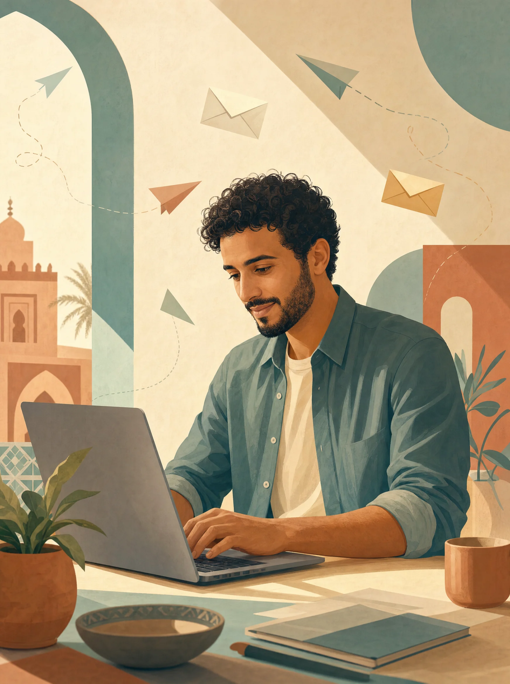 Entrepreneur marocain rédigeant un email de prospection sur son ordinateur portable.