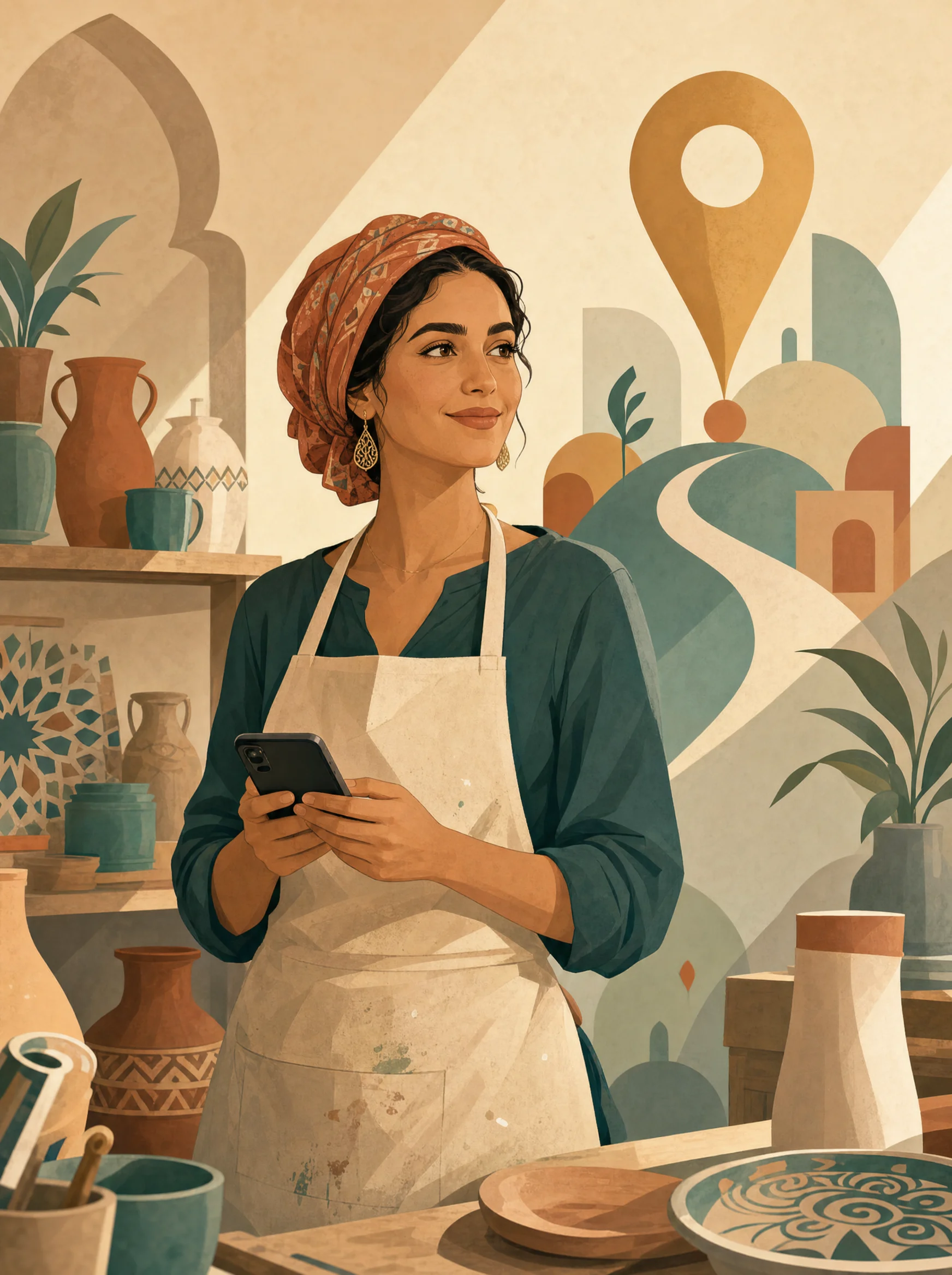 Artisane marocaine gérant la fiche Google Business de son atelier depuis son téléphone.