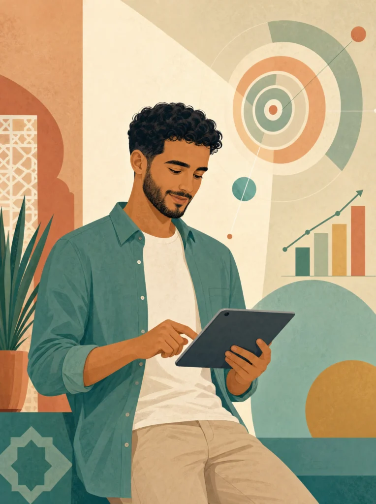 Jeune entrepreneur marocain analysant les résultats d'une campagne de publicité Facebook sur sa tablette.