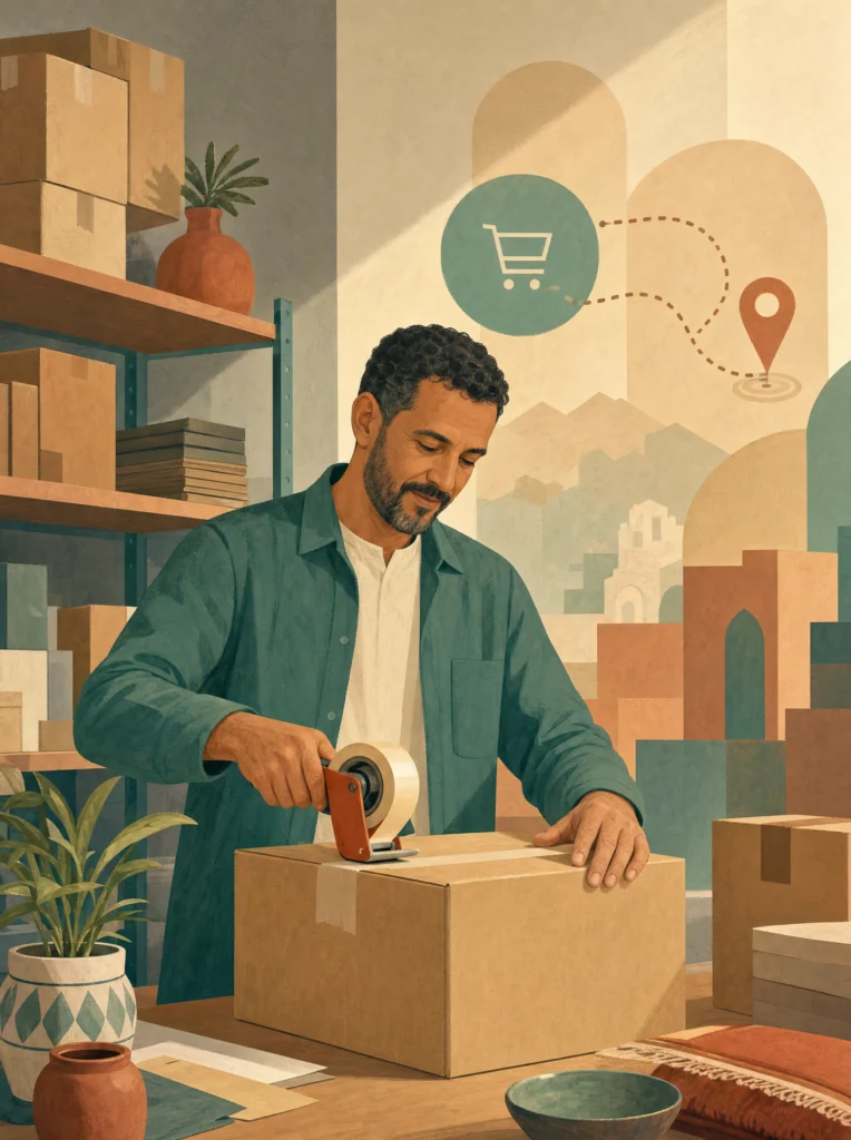 Commerçant marocain préparant un colis pour une commande passée en ligne.