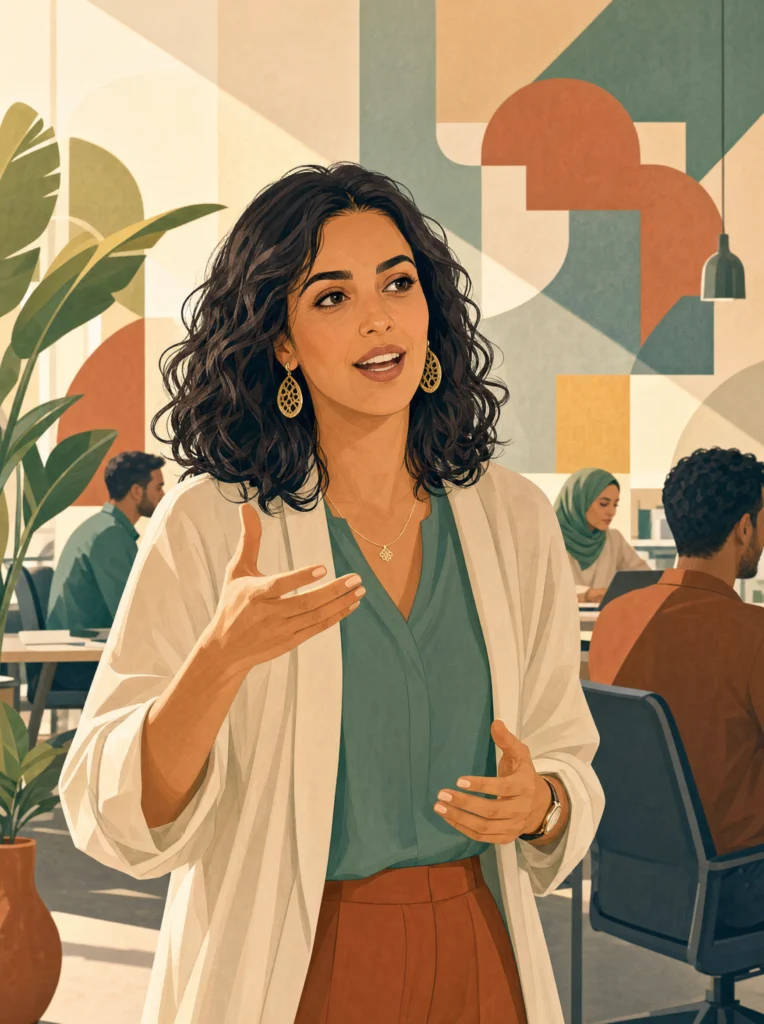 Professionnelle marocaine s'exprimant en réunion, formes géométriques abstraites imbriquées en arrière-plan.