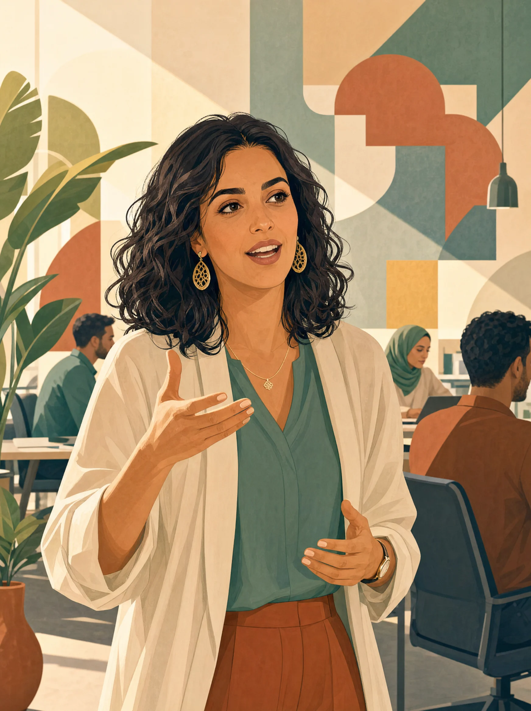 Professionnelle marocaine s’exprimant en réunion, formes géométriques abstraites imbriquées en arrière-plan.