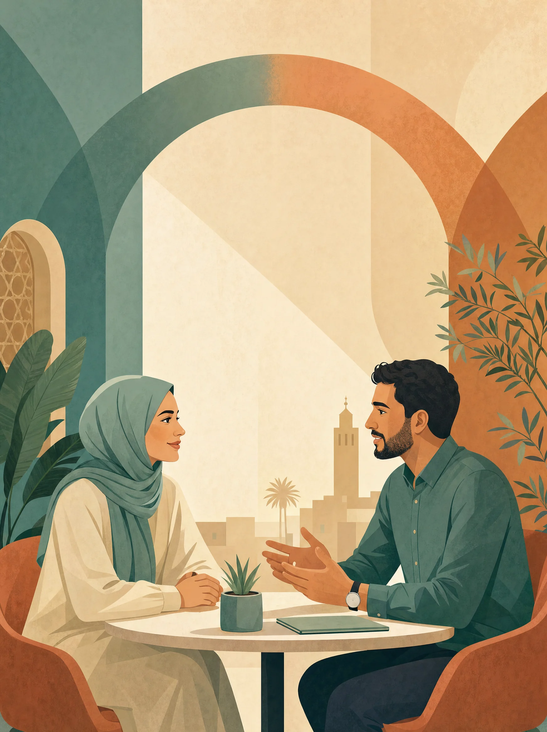 Deux collègues marocains échangeant calmement, arc abstrait reliant les deux moitiés de l’image.
