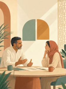 Deux collègues marocains résolvant un désaccord autour d’une table de réunion.