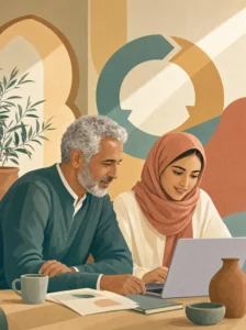 Manager marocain donnant un feedback constructif à une collaboratrice devant un écran.