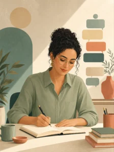 Professionnelle marocaine rédigeant un email professionnel clair à son bureau.